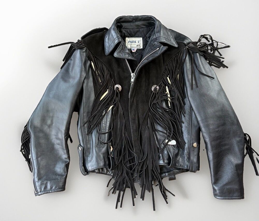Vintage Park V Black Leather Fringe Motorcycle Jacket Western Biker Size L
